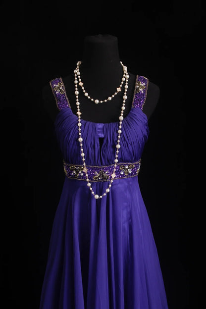 Vintage A-Linie, eckiger Ausschnitt, Lila mit Perlenstickerei, Chiffon, bodenlang, Abschlussballkleider Inspo Abendoutfits RB4342