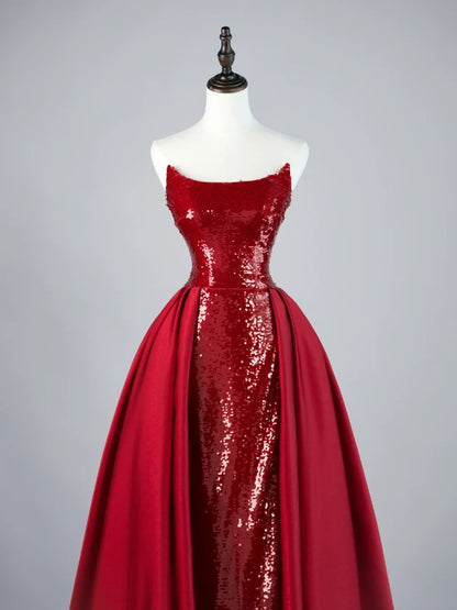 Robe de bal longue sirène bordeaux à paillettes, sans bretelles, plissée et avec traîne, en satin, référence N848