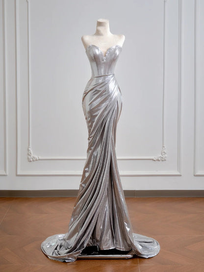Glitzerndes Meerjungfrauen-Abendkleid mit Pailletten, silberfarben, langes, formelles Abendkleid mit hohem Schlitz, Partykleid N345