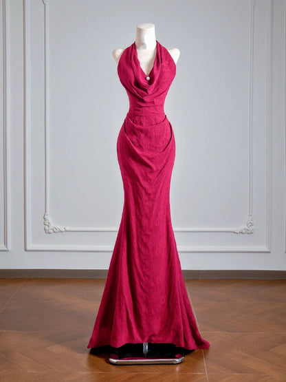 Flattering Mermaid Halter Fuchsia Prom Dresses Long Evening Formal Birthday Party Gowns N384