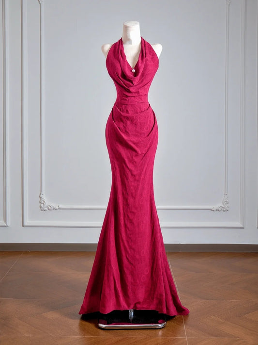 Figurschmeichelndes Meerjungfrauen-Halterkleid in Fuchsia, langes Abendkleid, formelles Abendkleid, Geburtstagskleid N384