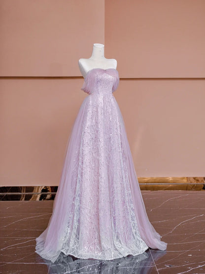 Robe de soirée longue à paillettes roses, coupe trapèze, épaules dénudées et manches courtes, modèle N723