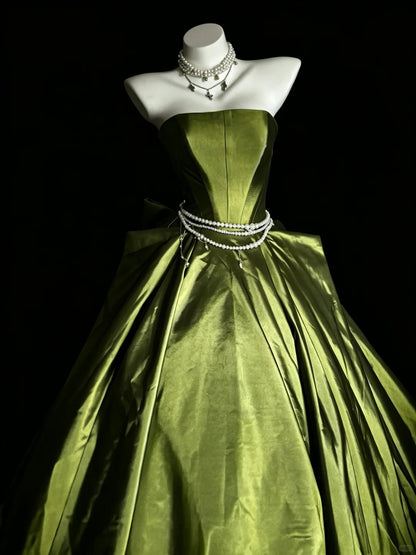 Princess Ball Gown Strapless Olive Green Satin With Ruffles Sweet 16 Dresses Quinceanera Dress N4190