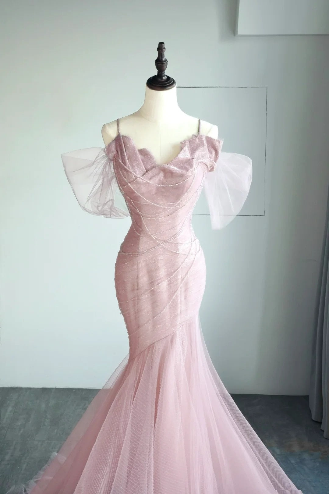 Magnifique robe de bal sirène rose en tulle à fines bretelles, sans manches, longue et élégante, AB336