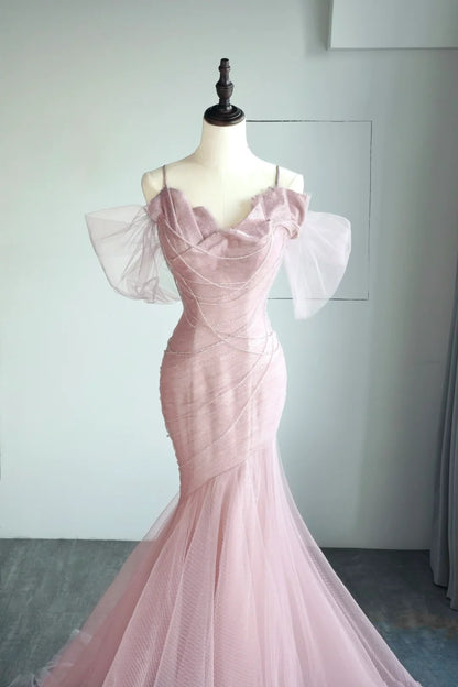 Magnifique robe de bal sirène rose en tulle à fines bretelles, sans manches, longue et élégante, AB336