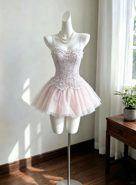 Unique Ball Gown Spaghetti Strap Tulle Pink Lace Short Graduation Dresses Inspo Senior Homecoming Outfits RB4921