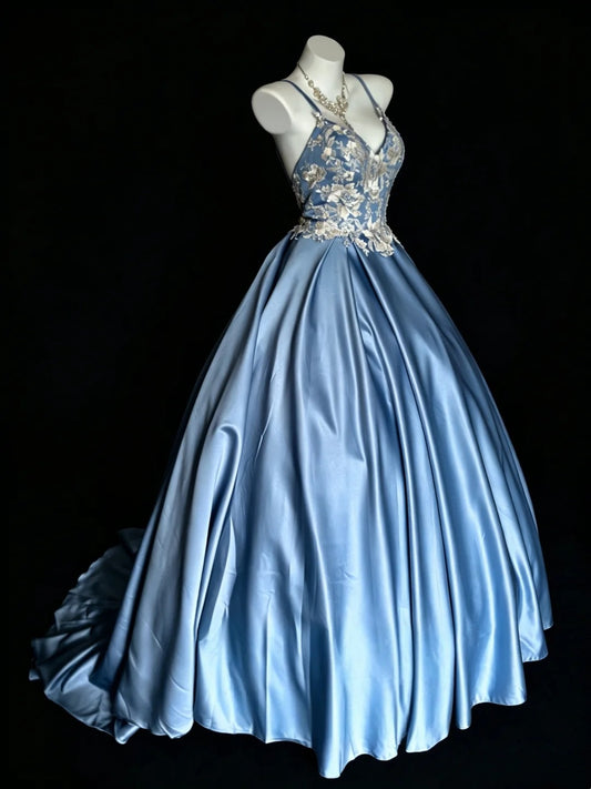 Sweet Ball Gown Spaghetti Strap Blue Satin Lace Sweet 16 Dresses Quinceanera Dress Long 15 Vestidos De Fiesta N4203