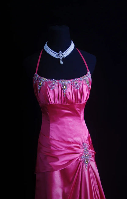 Robe de bal longue rétro rose fuchsia en satin, coupe trapèze, dos nu, inspiration années 2000, tenue de soirée pour un 19e anniversaire, N502