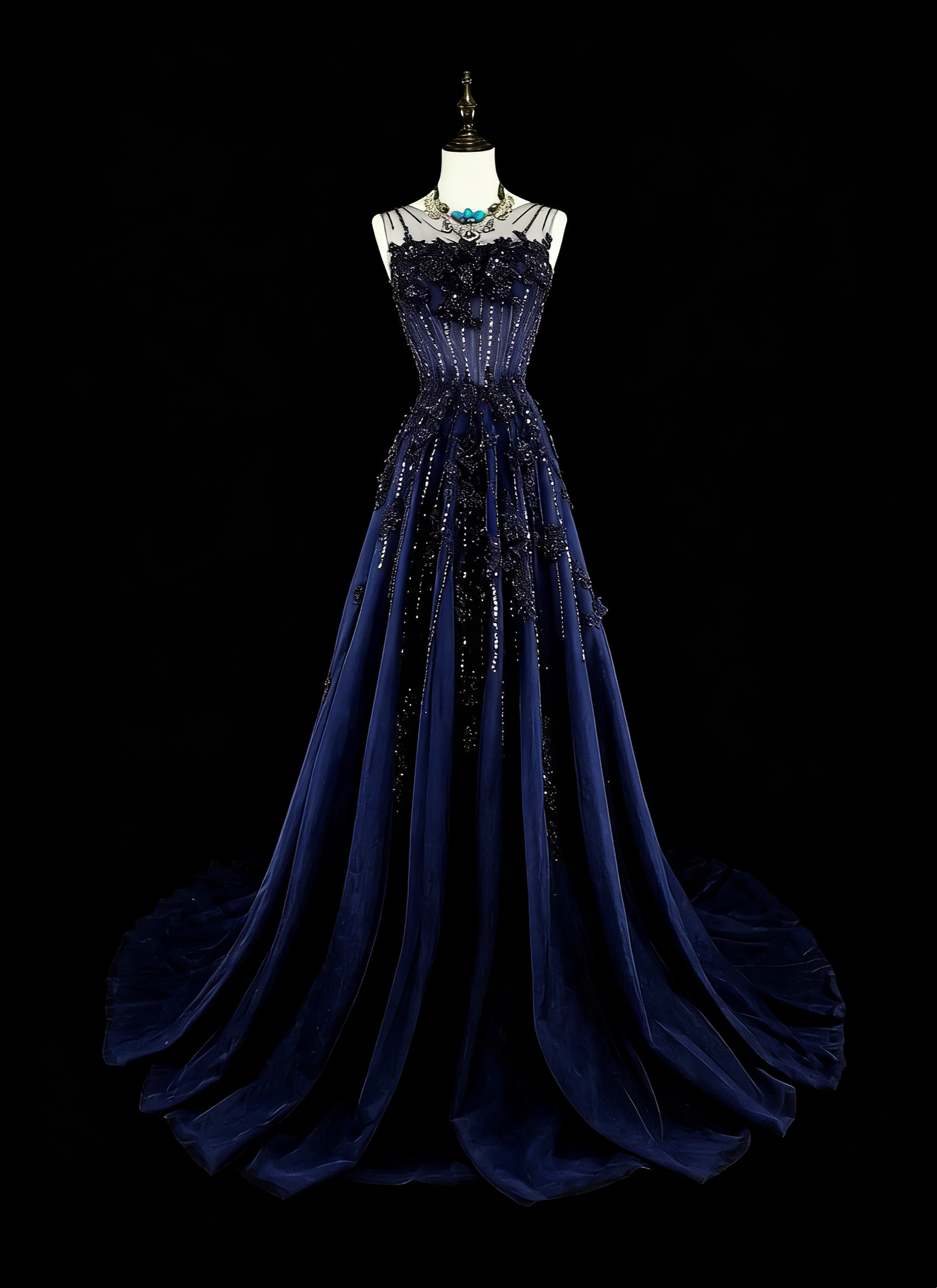 Vintage 1780s A line Sweetheart Navy Blue Tulle Sleeveless With Beadings Long Prom Dresses N1589