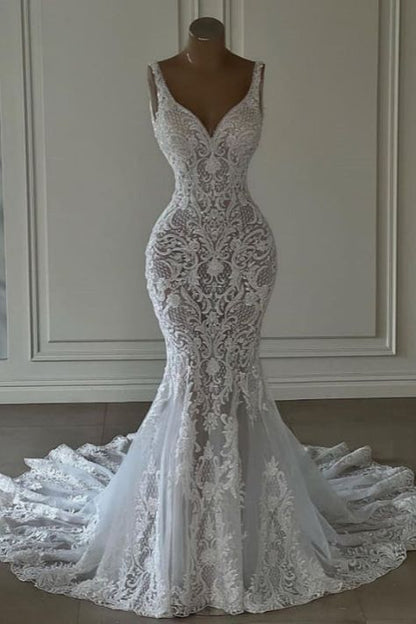 Meerjungfrauen-Hochzeitskleid aus Spitze mit herzförmigem V-Ausschnitt, langem Brautkleid mit Schleppe AB1708