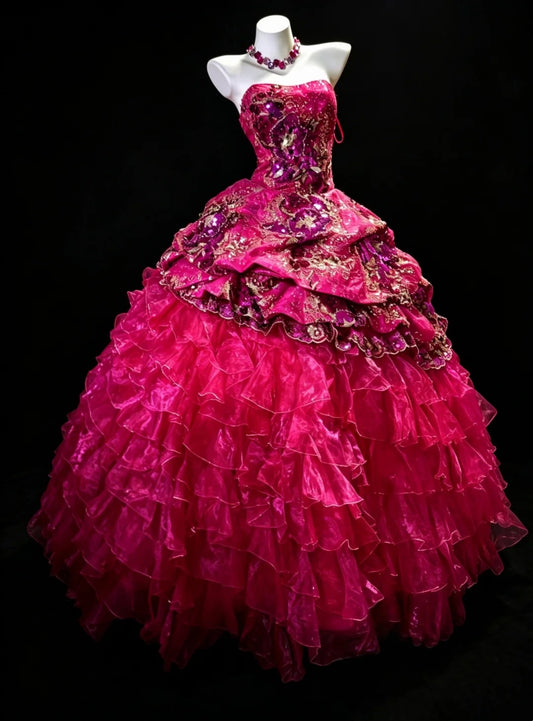 Princess Ball Gown Strapless Hot Pink Ruffled Layers Tiered With Flowers Sweet 16 Dresses Quinceanera Dress N4187