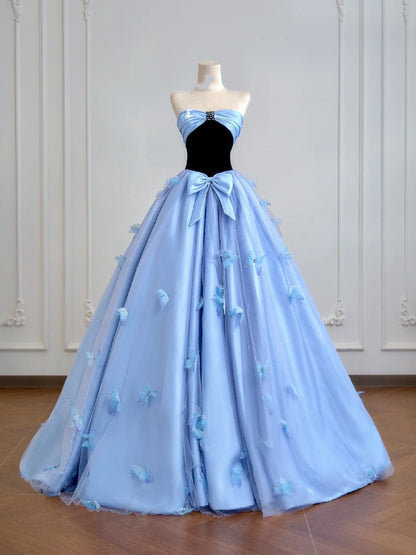 Zeitloses, trägerloses Ballkleid aus blauem Satin mit Schleife – Inspiration für lange Abendkleider und Partykleider N308
