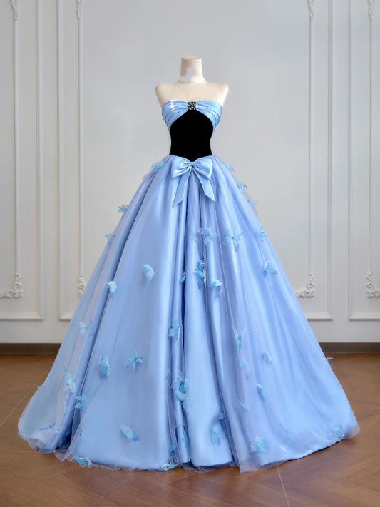 Timeless Ball Gown Strapless Blue Satin With Bow-knot Long Prom Dresses Inspiration Party Gowns N308
