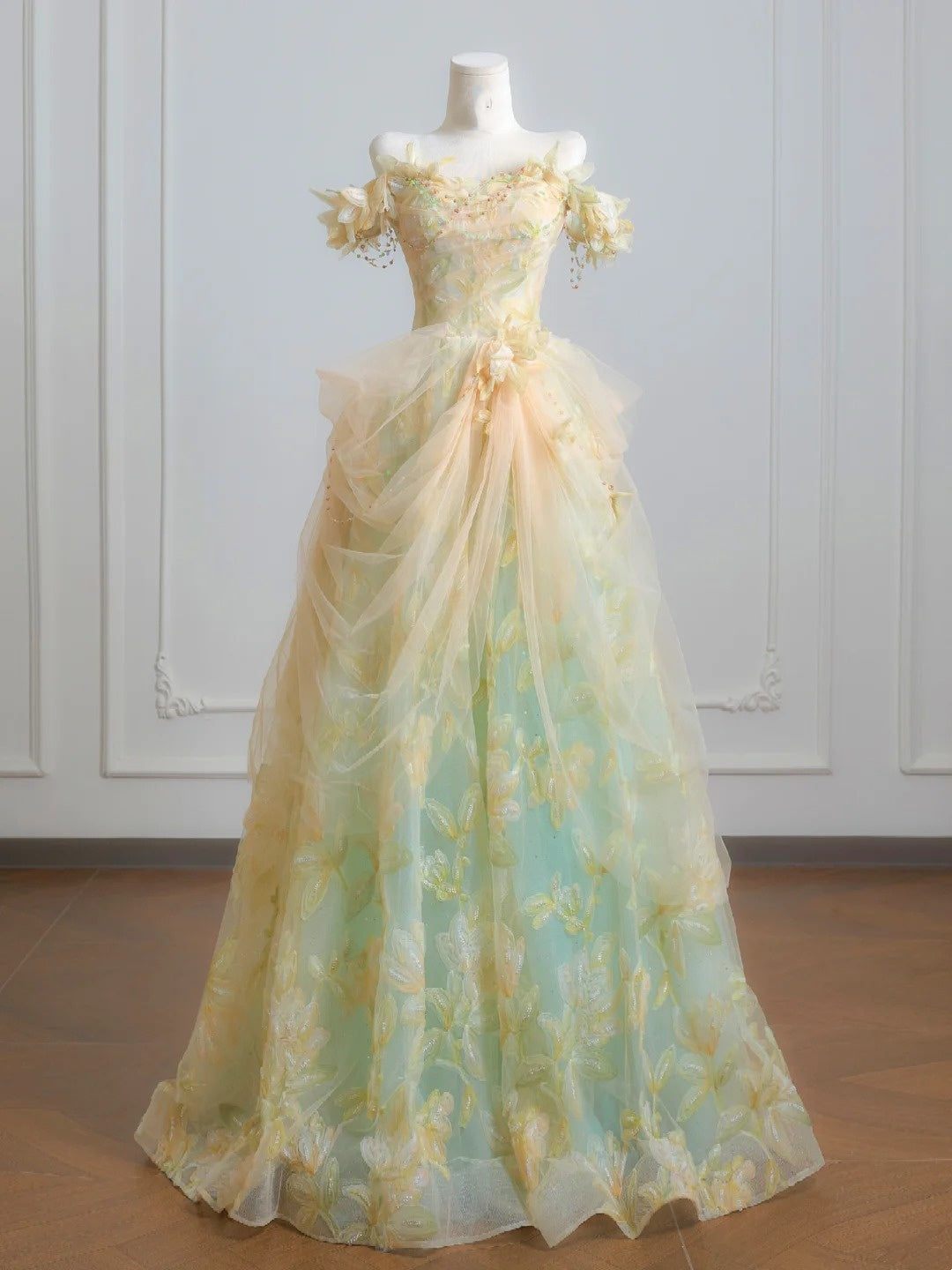 Märchenhaftes Ballkleid, schulterfrei, grüner, geblümter Tüll, langes, formelles Abendkleid, formelles Geburtstagskleid, Ballkleid N729
