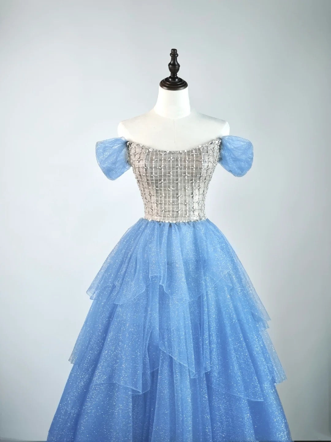 Prinzessinnen-Ballkleid, schulterfrei, Tüll, blau, formelles Outfit für College, Abschlussball, Mädchen-Abschlussball N1347