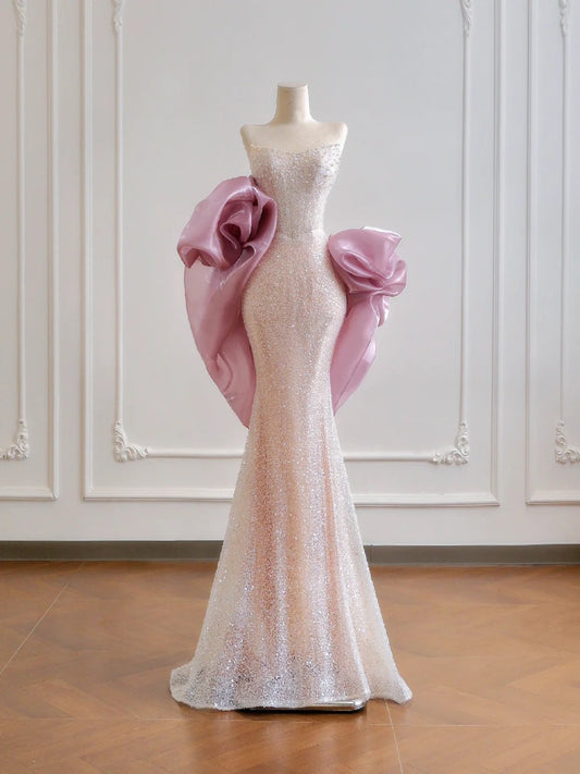 Glamouröses, trägerloses Meerjungfrauen-Abendkleid in Hellrosa mit Pailletten und Cape, langes Abendkleid, festliches Kleid, Geburtstagskleid N377