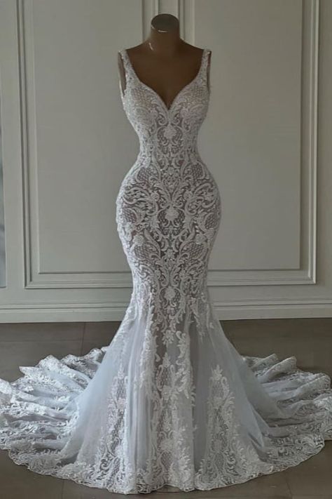 Meerjungfrauen-Hochzeitskleid aus Spitze mit herzförmigem V-Ausschnitt, langem Brautkleid mit Schleppe AB1708