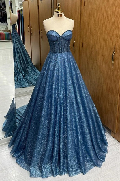 Robe de bal longue intemporelle bleu marine à sequins et perles, décolleté cœur, coupe trapèze, AB1709