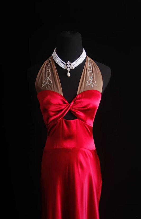 Retro A Line Halter Red Satin Tea Length 90s Short Prom Dresses Inspo 18th Birthday Outfits Formal Dress N493