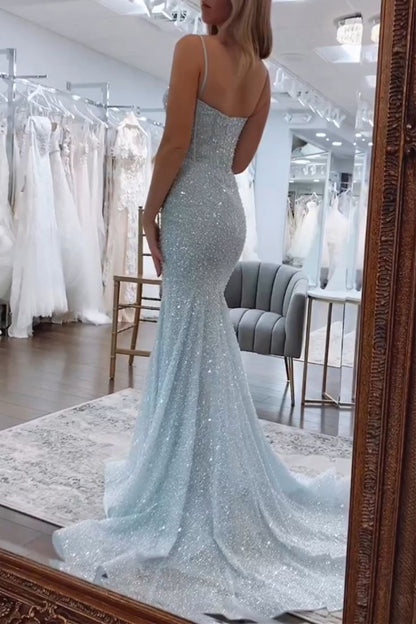 Shiny Royal Blue Mermaid Spaghetti Straps Long Beaded Prom Dress Party Gowns RB1671