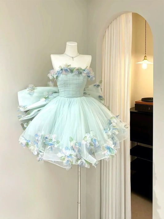 Modest Ball Gown Strapless Light Green Tulle With Flowers Short Mini Senior Inspo 16th Birthday Outfits Homecoming Dresses RB3966