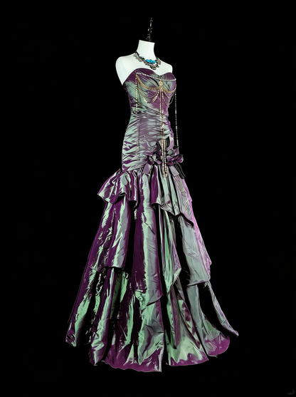 Vintage Meerjungfrauen-Abendkleid aus lila Taft im 70er-Jahre-Stil mit Rüschen und herzförmigem Ausschnitt, langes Ballkleid, Partykleid N1846