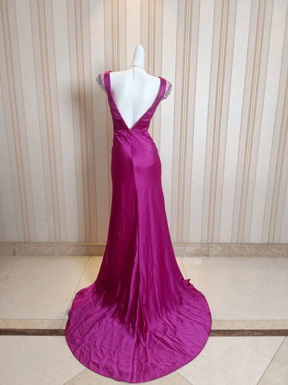Robes de bal vintage sirène col en V satin années 80 avec perles longues tenues de soirée formelles N4222