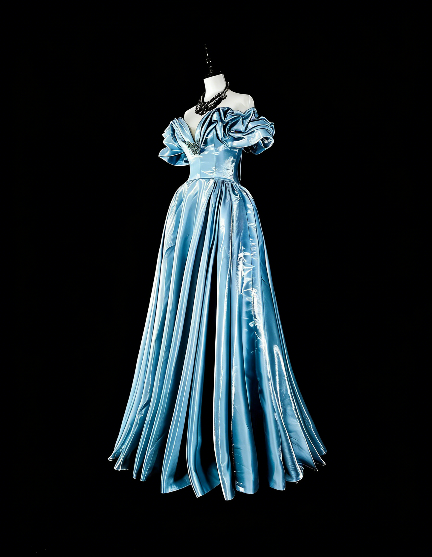 Robes de bal de rêve Esthétique rétro années 80 Épaules dénudées Bleu clair Longues tenues de soirée N2363