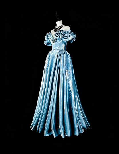 Robes de bal de rêve Esthétique rétro années 80 Épaules dénudées Bleu clair Longues tenues de soirée N2363