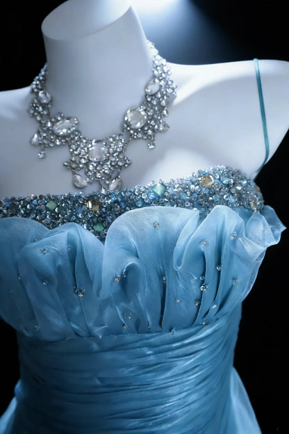 Jolies Robes de Bal Sirène Bretelles Spaghetti Organza Bleu avec Corsage Perlé Longue Robe de Soirée N3045