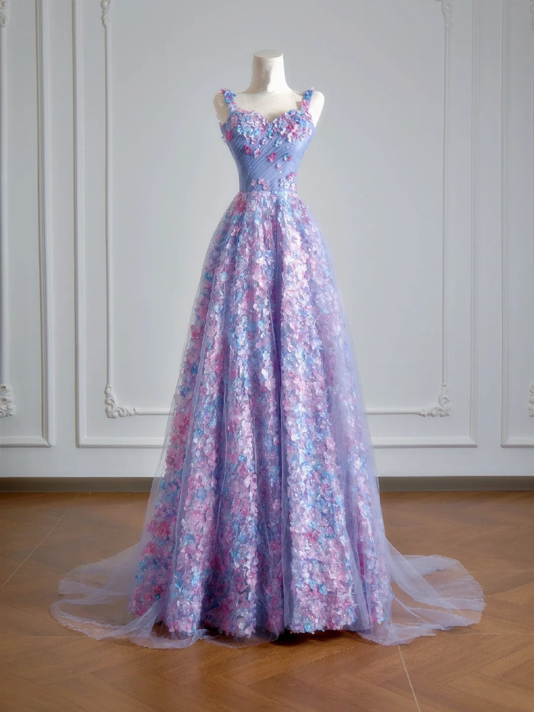 Prinzessinnen-A-Linien-Abendkleid mit Spaghettiträgern, lila Tüll, Blumenmuster, langes formelles Abendkleid mit Schal, Partykleid N347