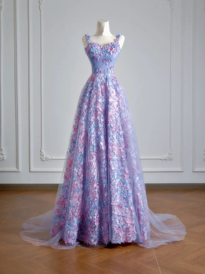 Prinzessinnen-A-Linien-Abendkleid mit Spaghettiträgern, lila Tüll, Blumenmuster, langes formelles Abendkleid mit Schal, Partykleid N347