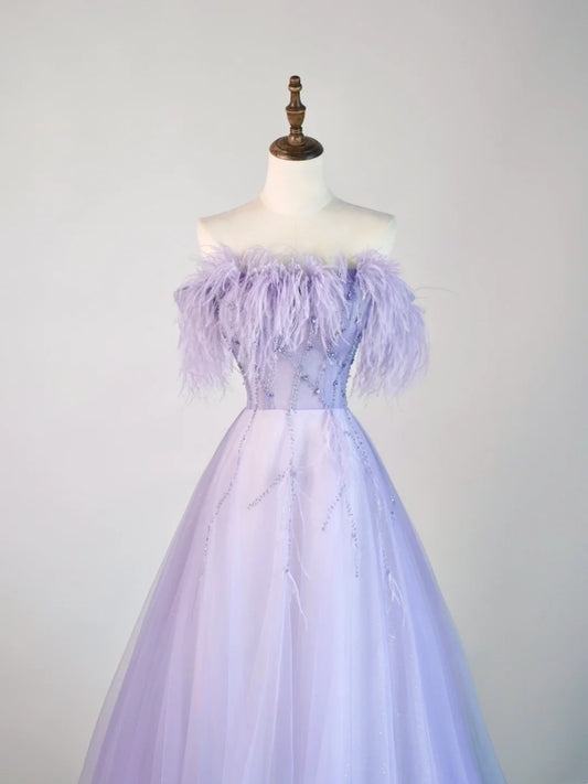 Robe de bal bustier en tulle lilas ornée de plumes, robe longue de soirée élégante et tendance pour le lycée, tenue de fête, robe de bal N678
