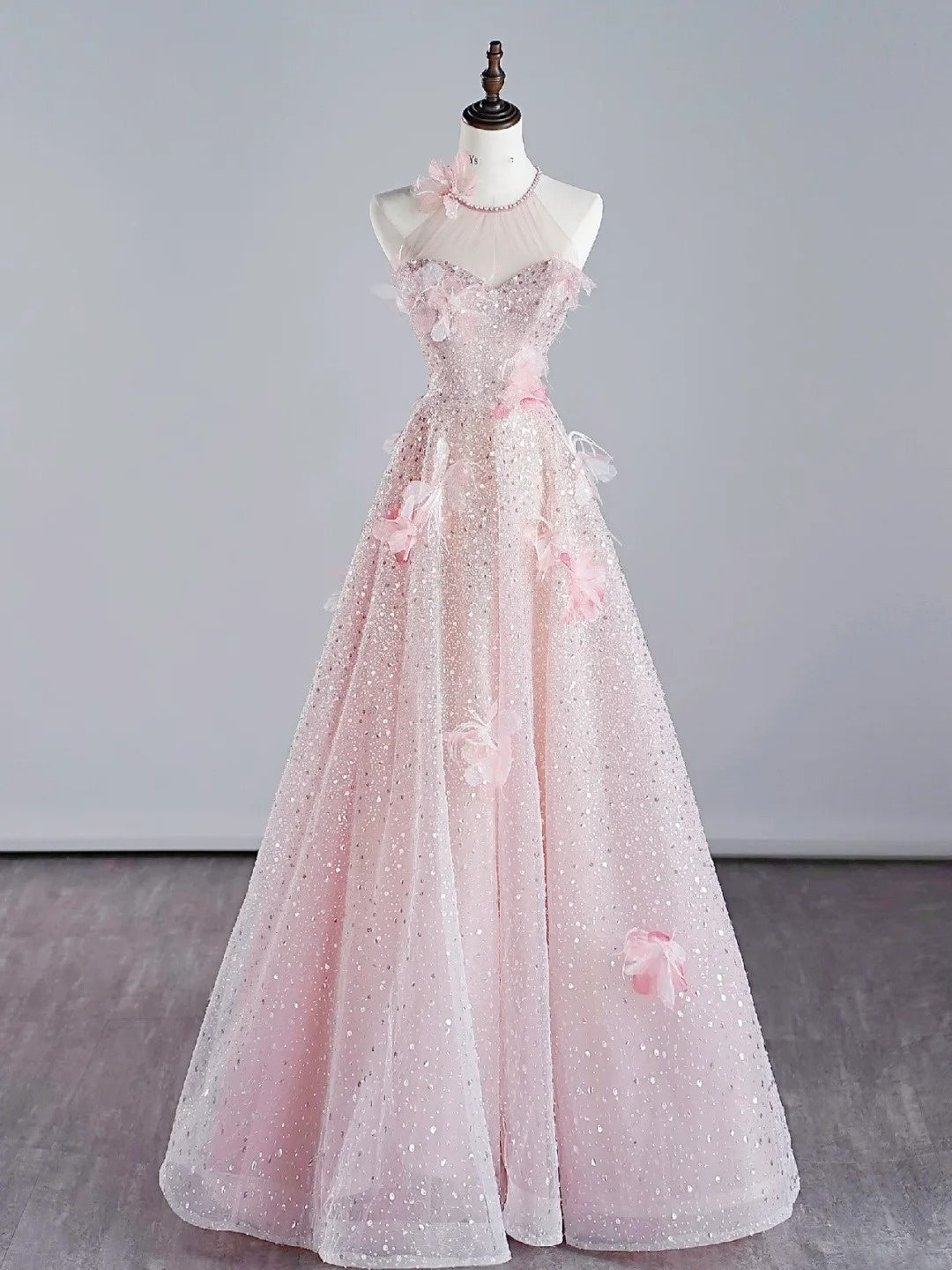 Elegantes, rosa Paillettenkleid in A-Linie mit Rundhalsausschnitt – Inspiration für festliche Anlässe und Prinzessinnen-Abendkleider N758