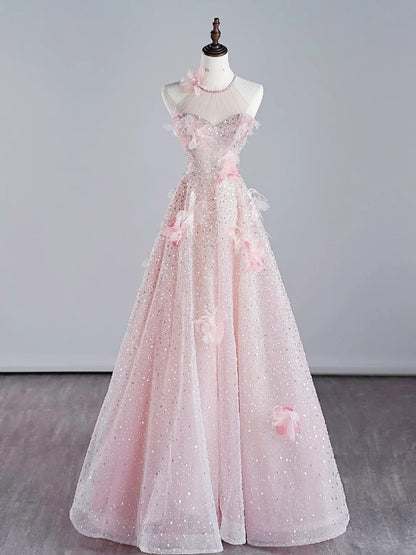 Elegantes, rosa Paillettenkleid in A-Linie mit Rundhalsausschnitt – Inspiration für festliche Anlässe und Prinzessinnen-Abendkleider N758