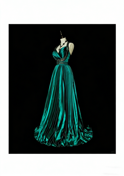 Vintage A-Linien-Neckholder-Abendkleid aus grünem Satin mit Rüschen und Perlenstickerei, ärmellos, 70er-Jahre-Stil, langes formelles Abendkleid N1479