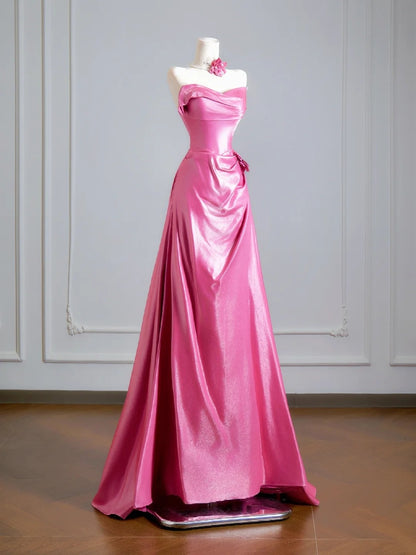 Zeitloses, trägerloses, langes, rosafarbenes A-Linien-Abendkleid mit Raffungen – Inspiration für Partys und Ballkleider N305