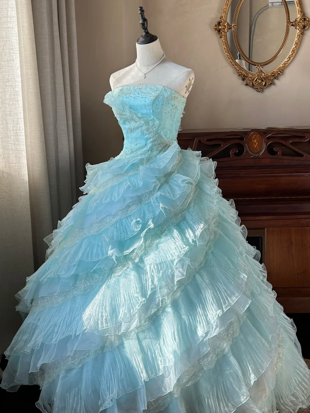 Süßes ballkleid trägerlos hellblau mit gestuften Lagen Sweet 16 Kleider Lang 15 Vestidos De Fiesta N2268