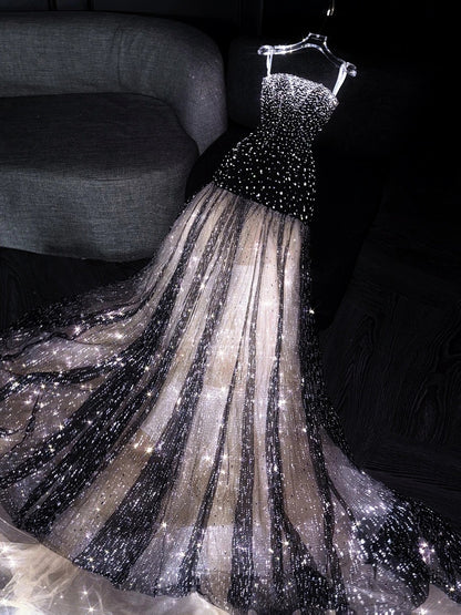 Robe de soirée longue de princesse sirène bustier à sequins noirs, robe de bal de promo N738