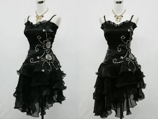 Robe de soirée/de bal mignonne en organza noir bordeaux avec bretelles fines et perles argentées pour le retour au bercail N3907
