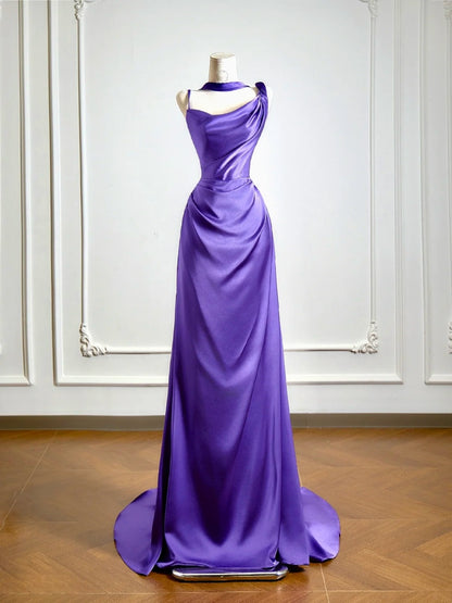 Robe de bal longue de soirée en satin raisin, coupe sirène simple, col asymétrique, avec foulard intégré, référence N346