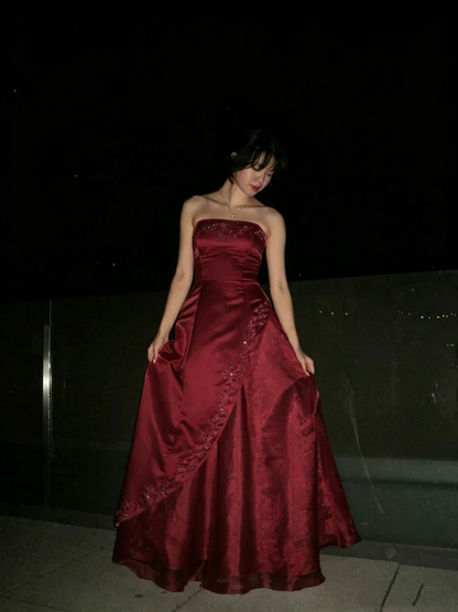 Robe de bal vintage rose clair sans bretelles, coupe trapèze, ornée de broderies, tenue de soirée formelle N536