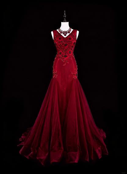 Robes de bal vintage esthétique Années 60 Rétro Col en V Sirène Bourgogne Longue Robe de soirée N2146