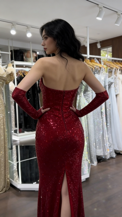 Attractive Sequins Sweetheart Slit Burgundy Mermaid Prom Dresses Evening Dress Party Gowns AB349