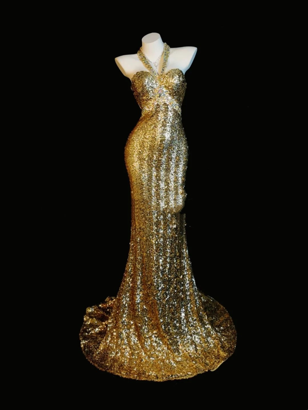 Superbes robes de bal sirène licou à paillettes dorées, dos nu, sans manches, tenues de soirée formelles N3787