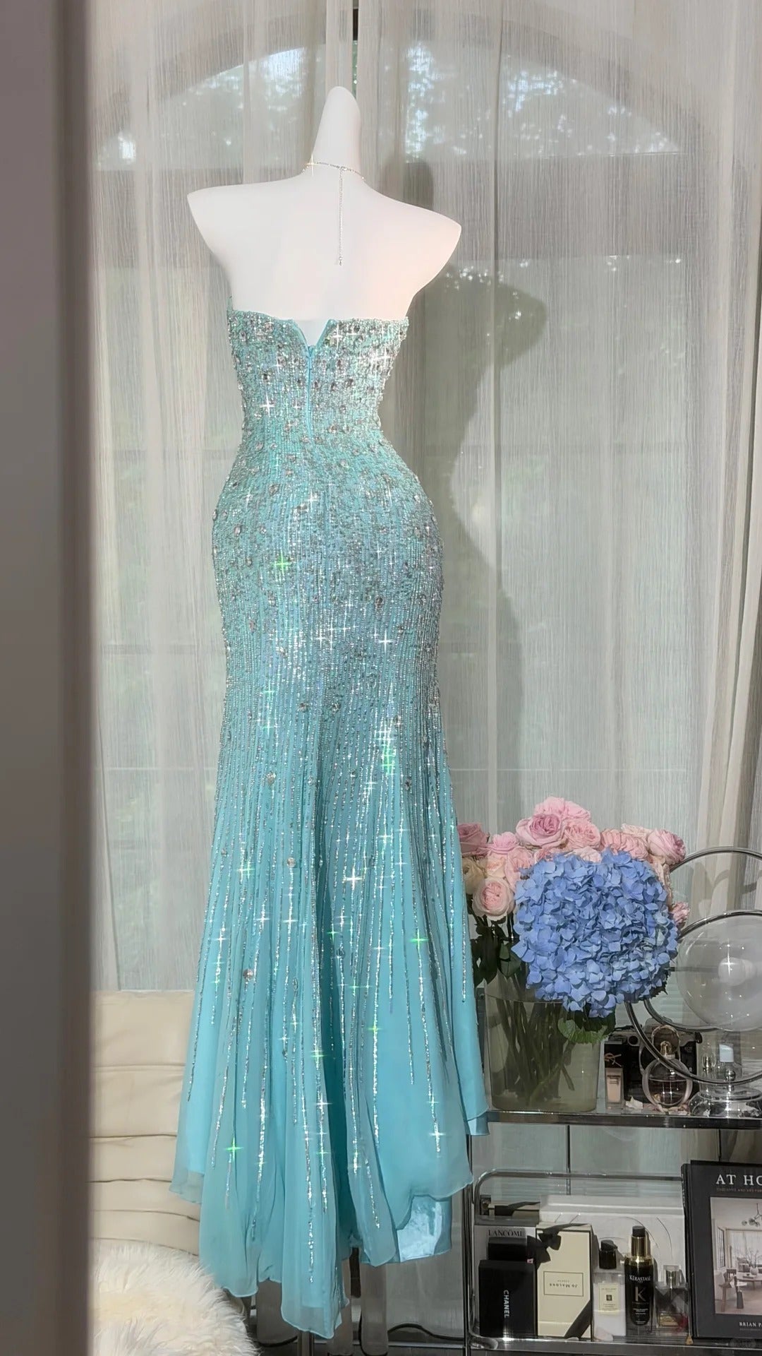 Sparkly Mermaid Sweetheart Blue Sequin With Beads Long Prom Dresses Formal Outfits RB3887