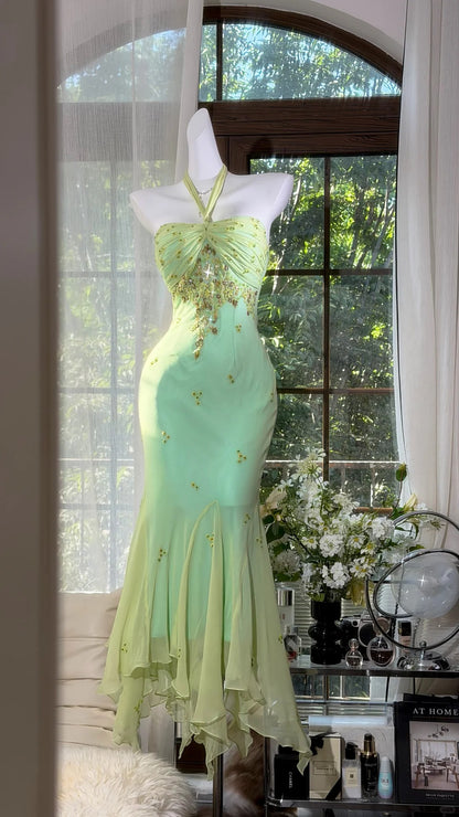 Klassisches Meerjungfrau Neckholder Grün Chiffon Mit Schal Knöchellang Abschlussballkleider Inspo Formelle Outfits RB4511