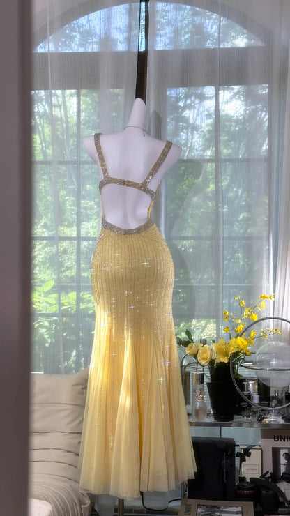 Bezaubernde Ballkleider, Meerjungfrauen-Stil, herzförmiger Ausschnitt, mit Trägern, gelber Chiffon, bodenlang, Abendgarderobe N3563