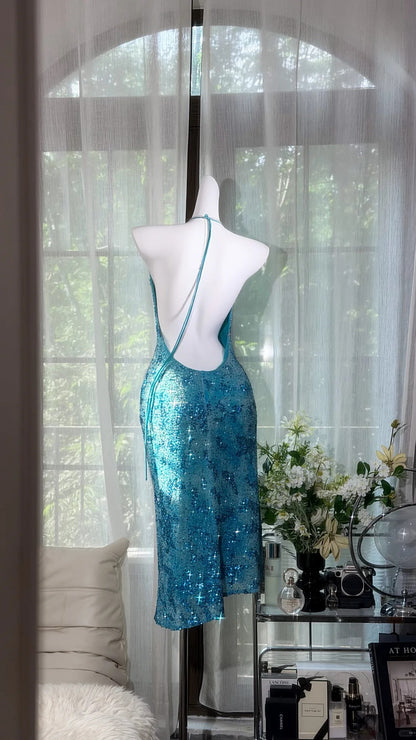 Classic Mermaid Halter Blue Sequin With Beads Midi Tea Length Prom Dresses Inspo Formal Outfits RB4509