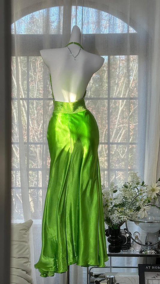 Modest Prom Dresses Mermaid Halter Green Backless Satin With Beading Long Evening Outfits N3539